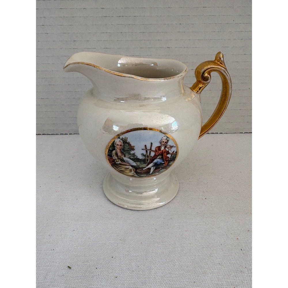 Vintage Lusterware Porcelain Creamer 22K Gold Trim Courting Couple‎ Hand Painted